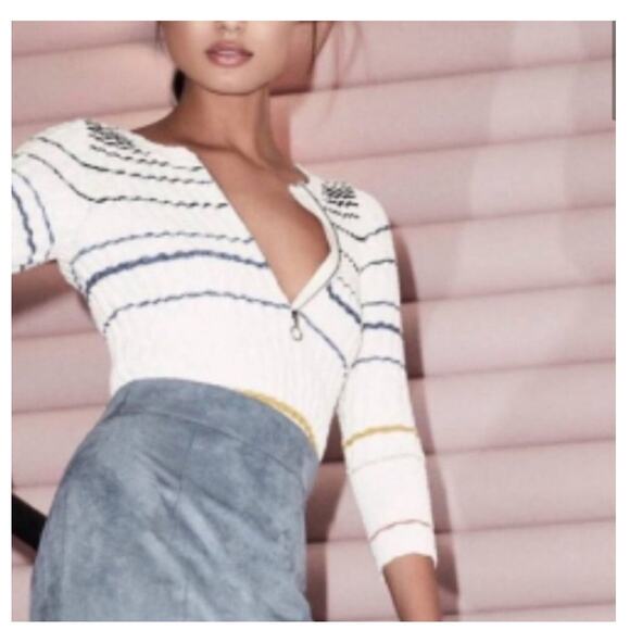 Free People Rossi Ribbed Knit Half Zip Pullover Sweater Large White Striped Boho - Picture 3 of 11